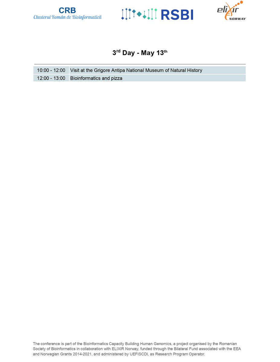🧬💻 👀 Așteptăm cu nerăbdare începerea Conferinței RoBioinfo 2023 care va avea loc la București,11–13 mai 2023 Programul Conferinței: #NorwayGrants #GranturiNorvegiene #RSBI #bioinformatică #genomicaumana #humangenomics #microbiom #microbiome #robioinfo #2023RoBioinfoConference