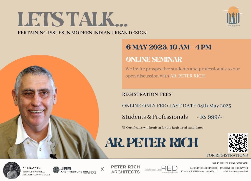 VedakumarManik1's tweet photo. I Er.VEDAKUMAR MANIKONDA was happy to be in the Pannel 
LETS TALK
 “ Pertaining issues in Modern Indian URBAN DESIGN”
with  internationally known Architect Ar.PETER RICH( South Africa) and 
Ar.BIJU KURIA KOSE @ JBR ARCHITECTURE COLLEGE, HYD, TELANGANA,INDIA  on 5-6th MAY’2023.. https://t.co/TVxXH7xJbV