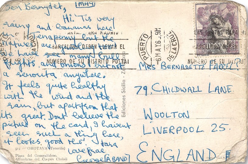 BirthBeatles's tweet photo. 60 years ago, George sent a postcard to his then girlfriend, Bernadette Farrell- he was on holiday in Tenerife with Paul and Ringo on what would be the last holiday where they could go unrecognised - the postcard is on display at The Beatles Story @beatlesstory https://t.co/mJ9HbCOyTv