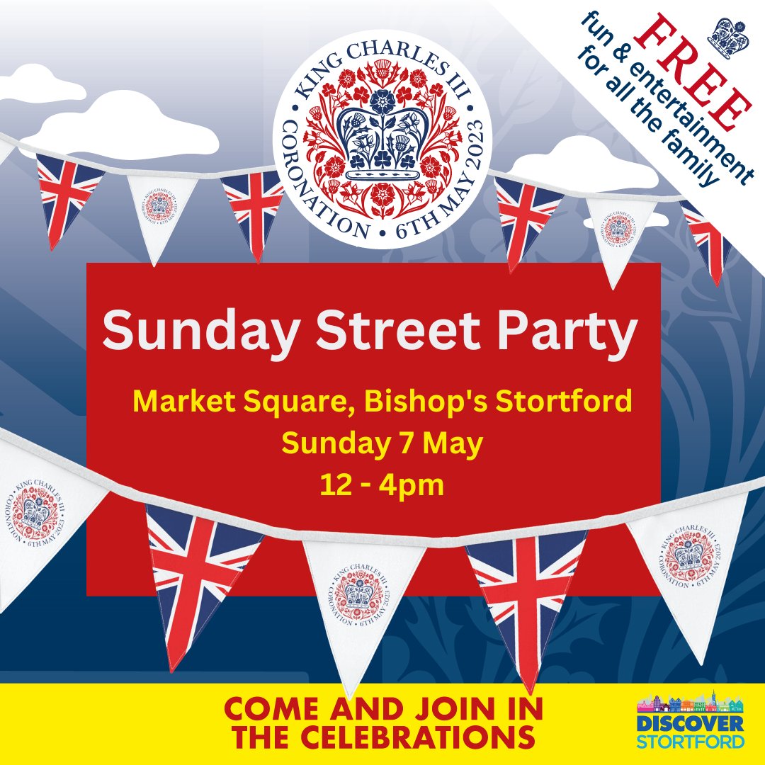 Today's the day! Lots of  fun for all the family. See you there 🎉🎉🎉

#CoronationCelebrations #KingCharlesIII #BishopsStortford #savethehighstreet #DiscoverStortford