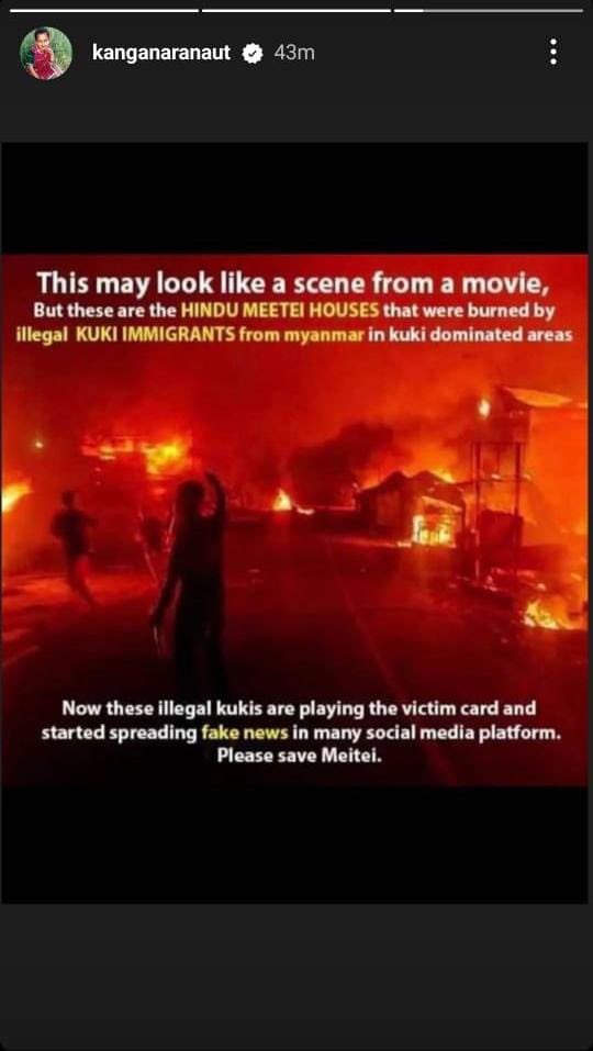 being_chikim's tweet photo. The two screenshots are from Kangana Ranaut, B grade Bollywood actor Instagram stories, report her account and stories on Instagram. 

The first image is Tribal Kangvai Village in Churachandpur Dist it was burnt down by Meitei terrorists and they played a victim card again. https://t.co/k3iiglLdKa