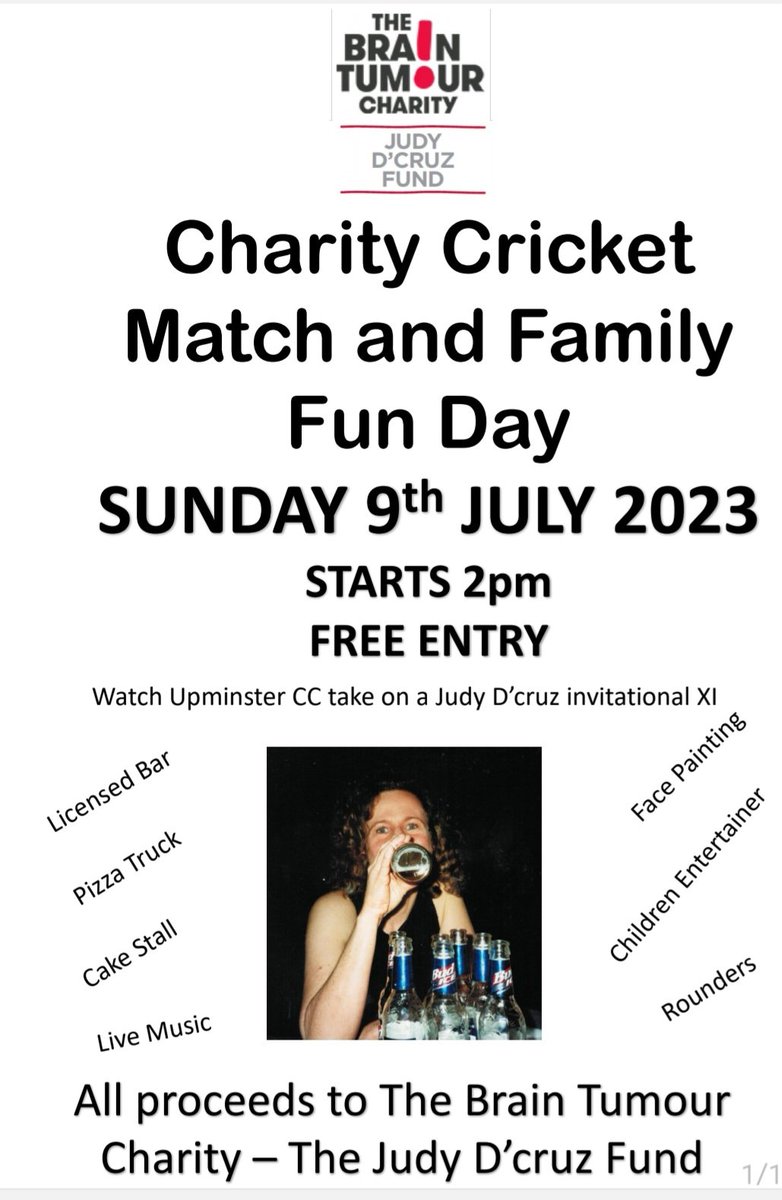 UpminsterCC's tweet photo. An important day in the calendar over Upminster CC this summer. 
Sunday 9th July we are a hosting a charity cricket and family fun day in aid of the Judy D'Cruz Fund. All proceeds from the day will go towards The Brain Tumour Charity. Would be great to see a big crowd! https://t.co/CO8R76auEk