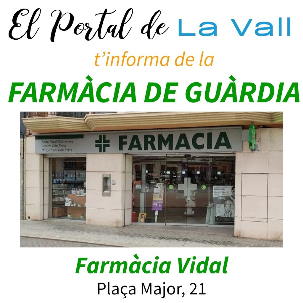 Hui 7/5/2023 la farmàcia de guàrdia és:

Farmàcia Vidal C.B.
Plaça Major, 21
Tavernes de la Valldigna

👉 Consulta la farmàcia de guàrdia sempre que la necessites a la nostra web: elportaldelavall.es/farmacia-de-gu…