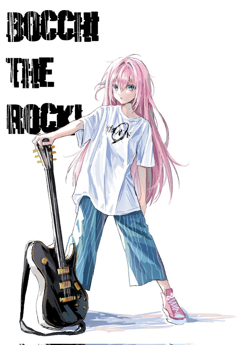 gotou hitori 1girl pink hair long hair solo instrument guitar shirt  illustration images