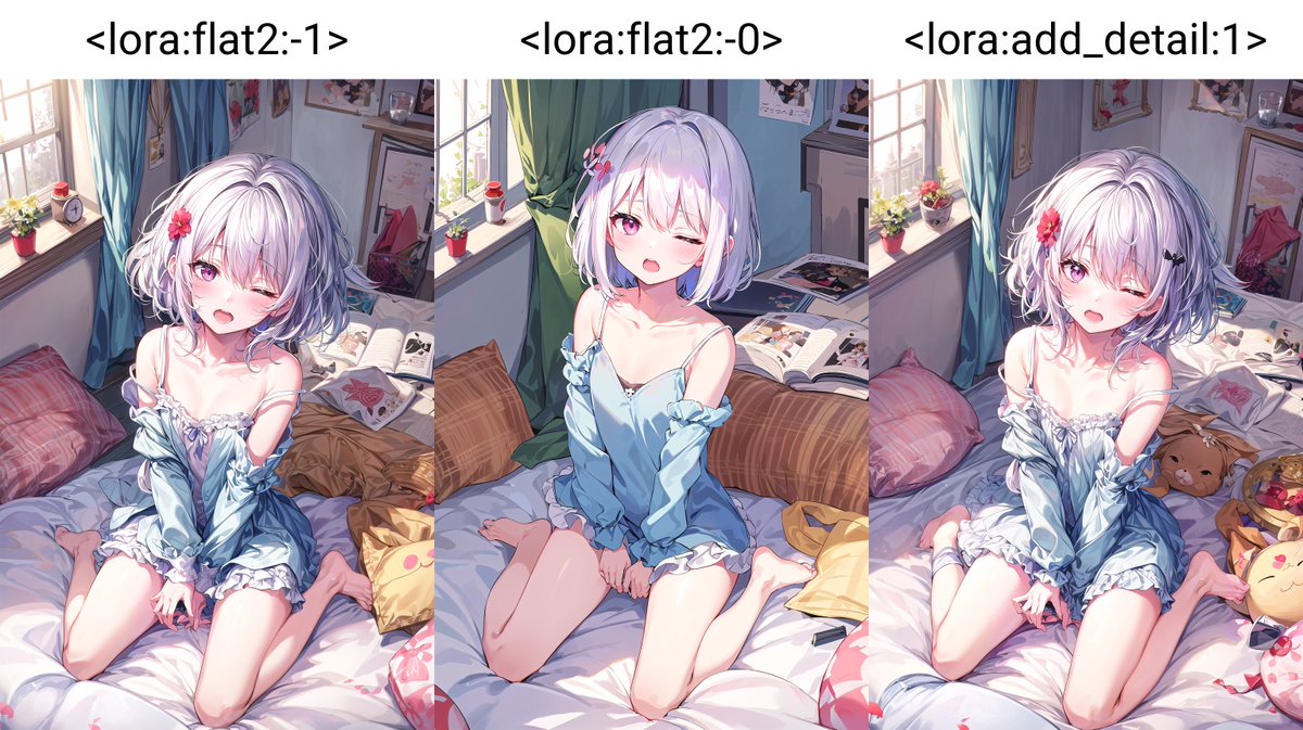facet_boy's tweet photo. 5/5公開のDetail Tweakerという品質向上Loraの検証。
有名なFlat2と同様な効果。曖昧な背景などで両者に差が出てくるが基本的に似た仕上がりになる。Flat2の方が若干ノイズが少ない印象。ShiratakiMixの明るい感じ好き。

「寝起き」Flat2 | 無 | Detail Tweaker
  #AIイラスト #AIart #ShiratakiMix https://t.co/HnDgcbgqhe