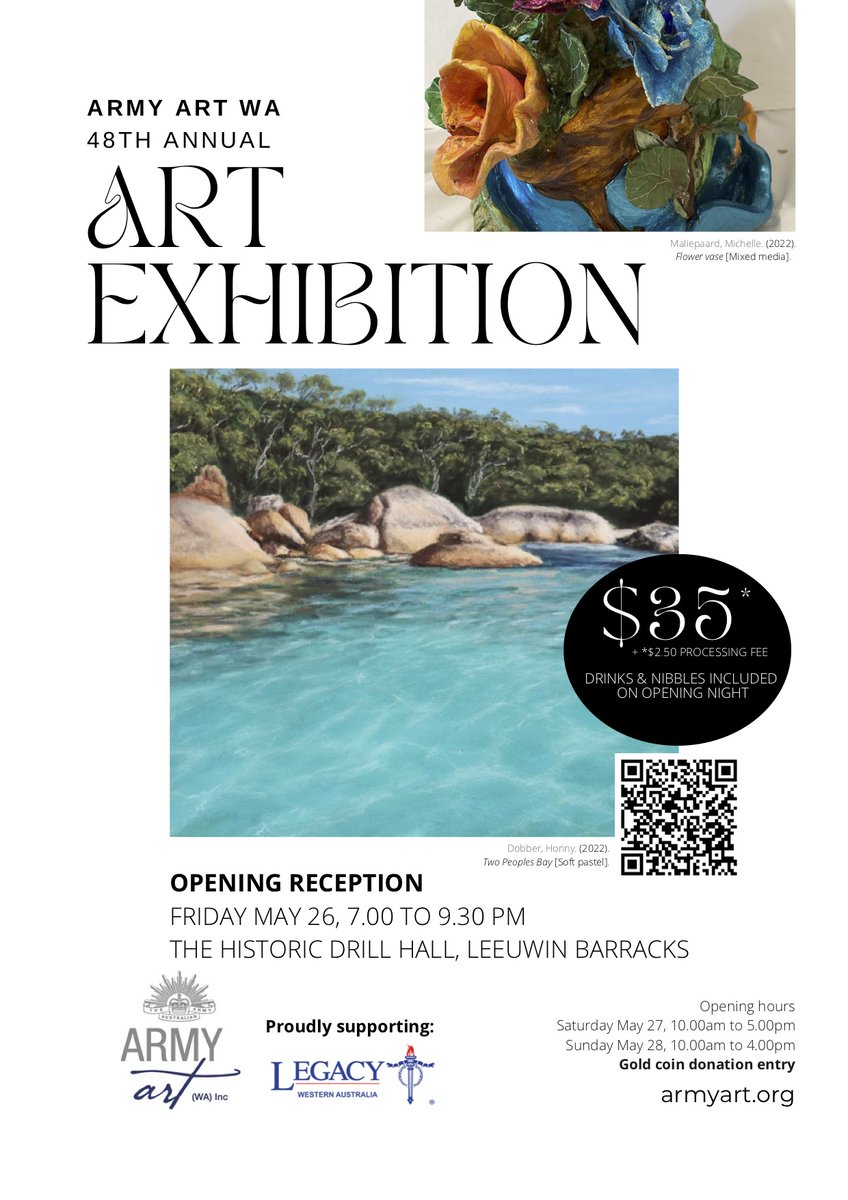 Tickets on sale now for the 48th annual Army Art exhibition.  
Opening night Friday 26th May at 7.00pm.  
For the third year proudly supporting the incredible work done for the Australian defence community by <a href="/wa_legacy/">Legacy WA</a>

stickytickets.com.au/058ba/48th_arm…