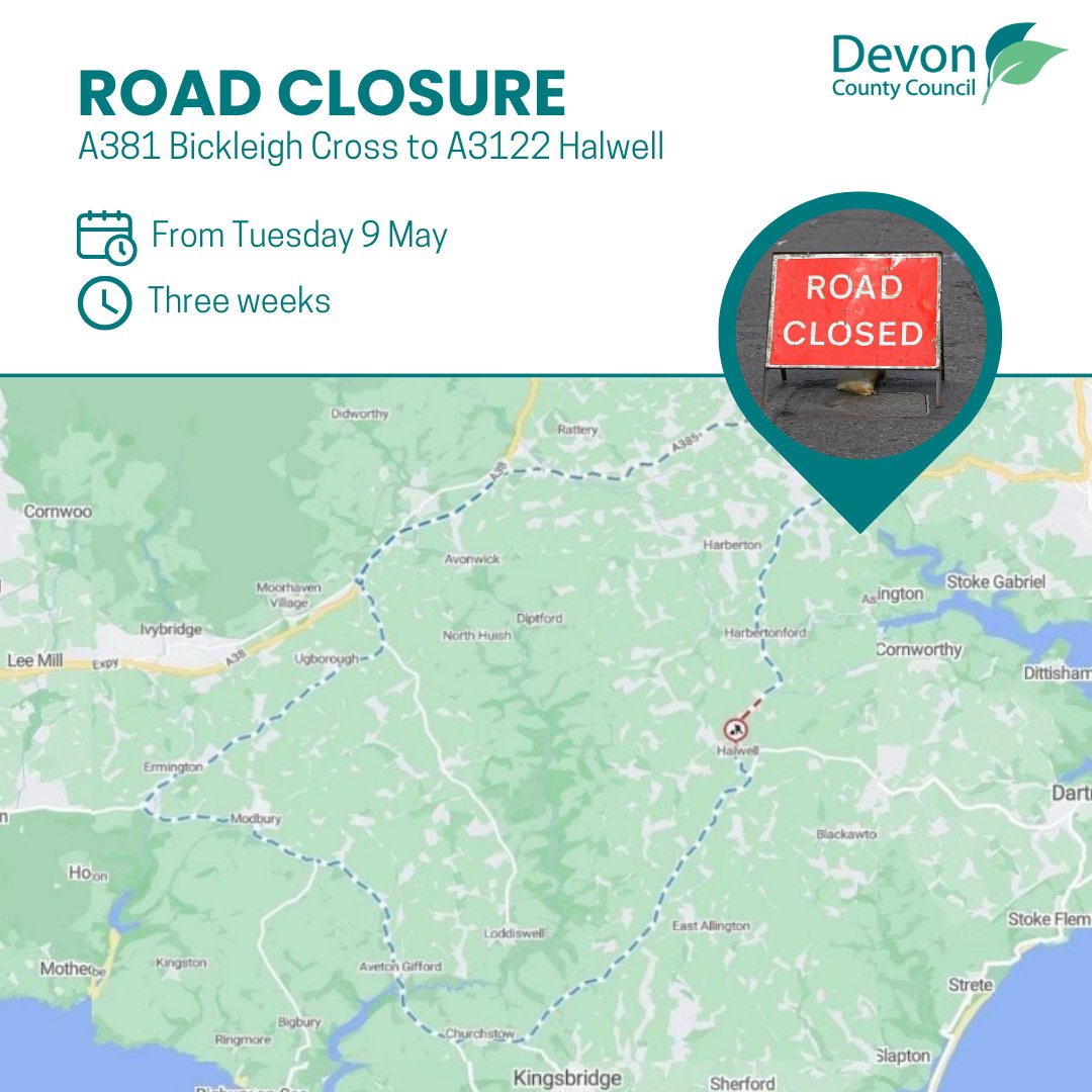 DevonCC's tweet photo. ⚠️ The A381 Bickleigh Cross to A3122, Halwell will be closed to all traffic in both directions from Tuesday 9 May for 3 weeks.

This is to allow for the emergency repair of a collapsed culvert in Halwell village.

View the diversion route 👉 https://t.co/o8oozPSzhv https://t.co/uTZPZExnFg