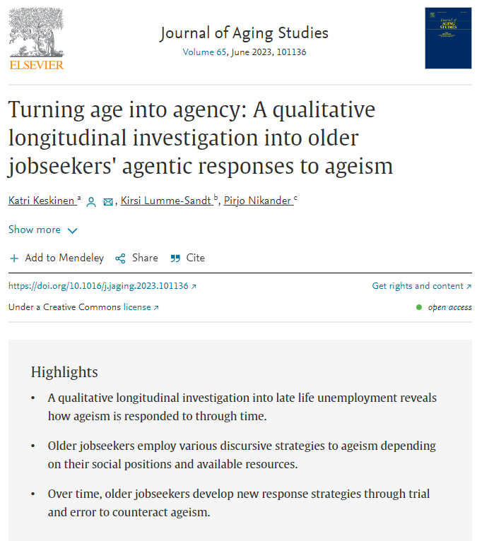 katrikesk's tweet photo. Happy to share that our #QLR article together with @PirjoNikander1 and Kirsi Lumme-Sandt on how older jobseekers develop strategies to encounter #ageism is now out! You can read it here: https://t.co/g1UoMiG5k0 https://t.co/2tgs5Cjasd
