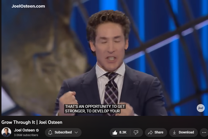 https://www.youtube.com/watch?v=ra1k3eRdkik
Grow Through It | Joel Osteen
238,040 views  1 May 2023  #JoelOsteen
God uses difficulties to prepare us for the next level of our destiny. You haven’t seen, heard or imagined where He’s taking you!

🛎Subscribe to receive weekly messages of hope, encouragement, and inspiration from Joel! http://bit.ly/JoelYTSub 

Follow #JoelOsteen on social:
Twitter: http://Bit.ly/JoelOTW
Instagram: http://BIt.ly/JoelIG
Facebook: http://Bit.ly/JoelOFB#LakewoodChurch 

Thank you for your generosity! To give, visit https://joelosteen.com/give