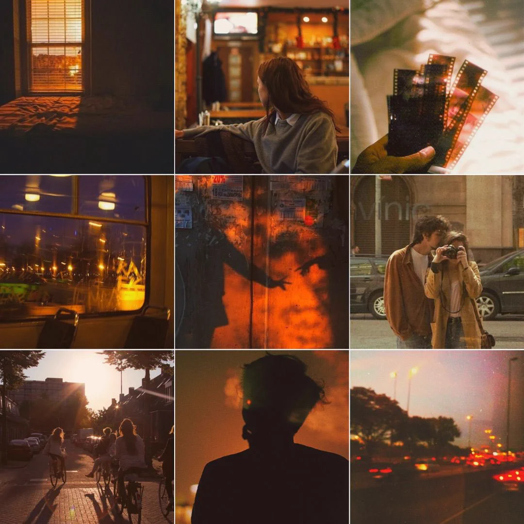 A moodboard for LTRTY
First row: a picture of the sun shining through a window, a girl looking away from the camera, and film stock
Second row: a picture in a bus, two shadows of hands reaching out to one another, a boy and a girl taking a photo of their reflection 
Third row: a group of teens biking, Nick smoking, a film photo of the road