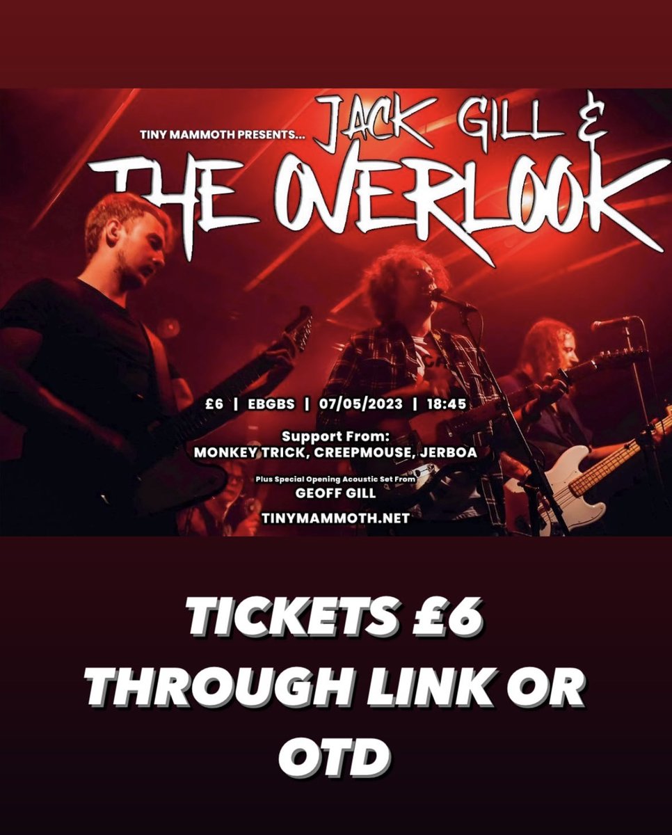 JackGillMusic2's tweet photo. TONIGHT

@jgtheoverlook
@monkeytrick
@Creepmouseband
@jerboa.
@ebgbsliverpool  
@TinyMammothLtd https://t.co/Dbm4wnkHgN