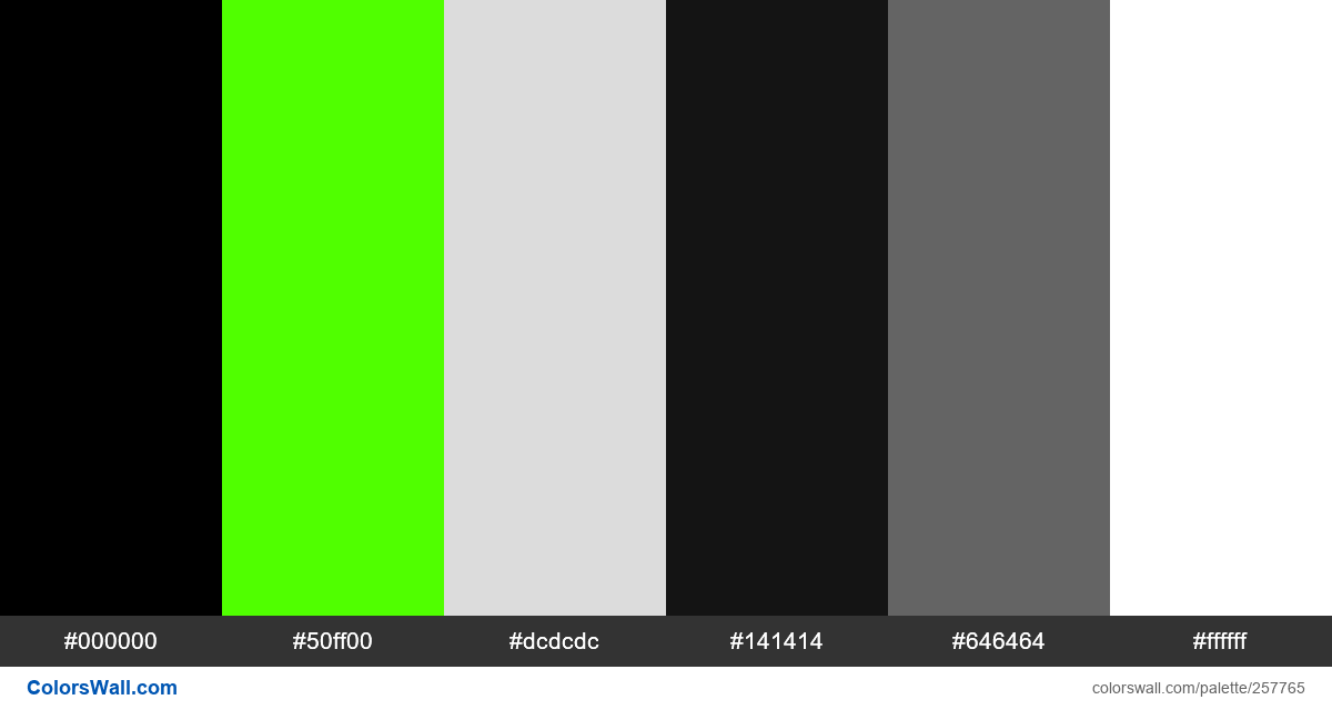colorswall's tweet photo. Crypto startup logo minimalist app colors palette #000000, #50ff00, #dcdcdc, #141414, #646464, #ffffff #colors #palette https://t.co/mgxSLI1CY3 https://t.co/qoUDW71VYm
