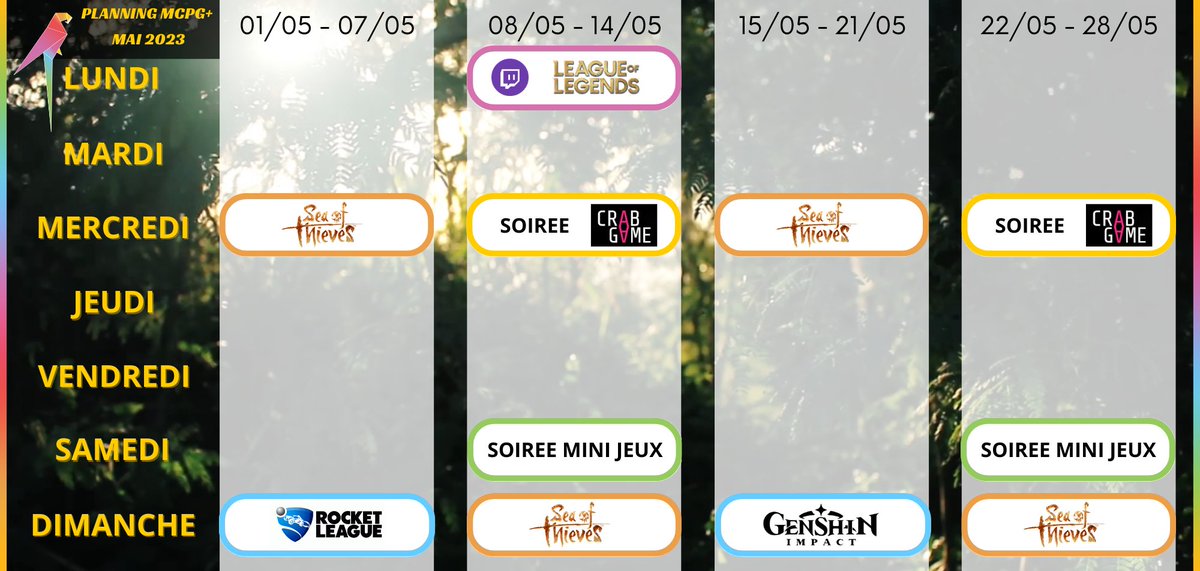 MCPGfr's tweet photo. 🗓️[ PLANNING DES ANIMATIONS MCPG+ - MAI 2023 ] #SeaOfThieves #RocketLeague #LeagueOfLegends #CrabGame #Codenames #GarticPhone #JeuxMulti #MiniJeux #JeuWeb

🔰 Rejoins-nous sur #Discord  
https://t.co/M8uWO27cqR  

#mcpg #planning #animations #mai #gaming #fun https://t.co/6WZXh57Yqj