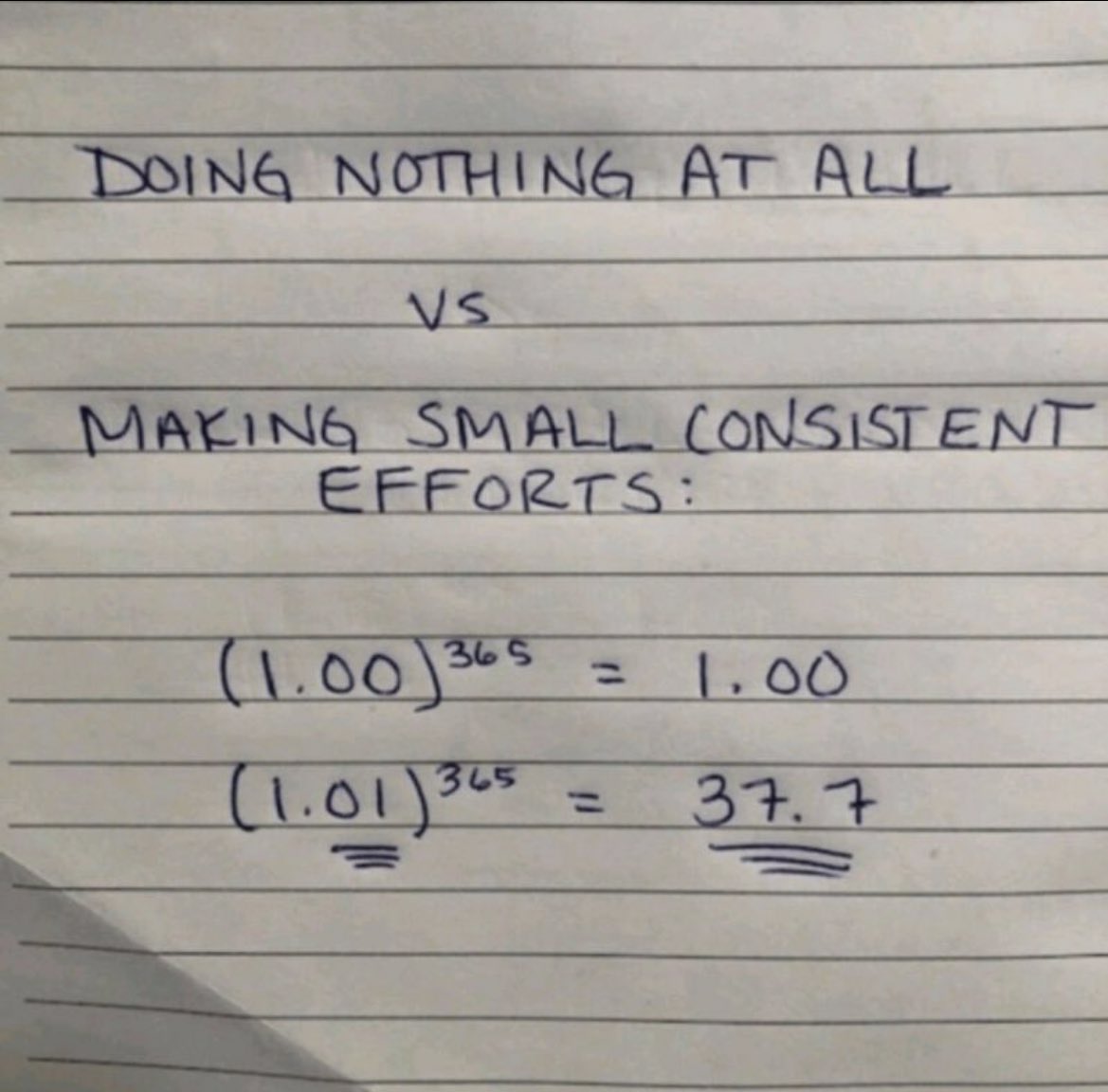 I love these equations.

 The impact of making small consistent efforts throughout the year is presented well by math.

#buildinpublic