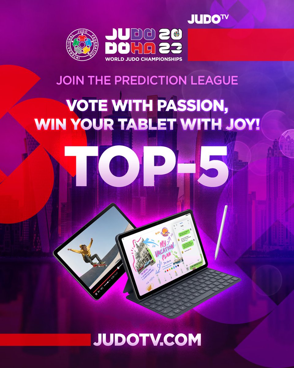 Judo's tweet photo. Visit https://t.co/KoqJdDAVKv and vote in our prediction league! 

The top 5 judo experts will win a smart tablet! 🤩

📺 Get your premium account now! @judotvcom

#JudoWorlds #Judo #Qatar #Doha #Sport #OlympicQualifiers #RoadToParis2024 #WJT #Olympics https://t.co/BzyEKbGK56