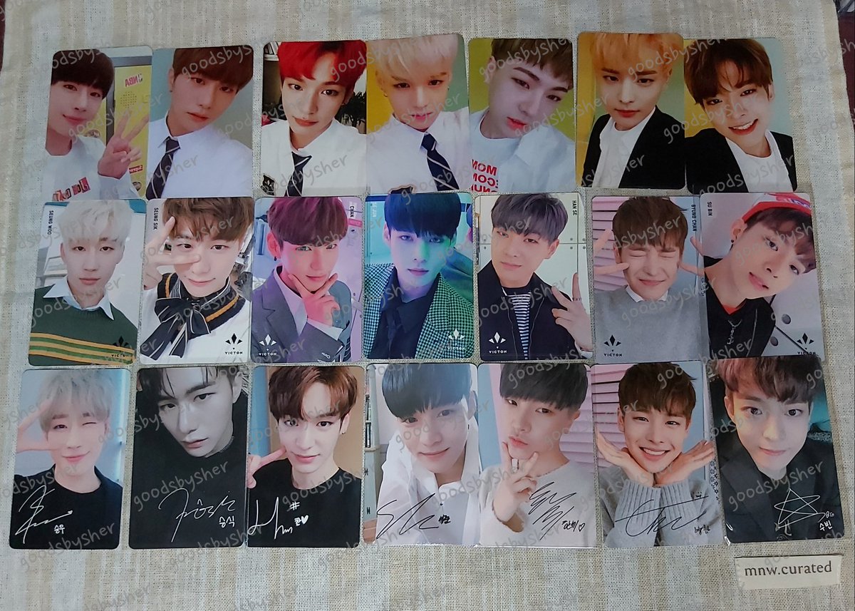 goodsbysher's tweet photo. help rt / wts 

victon alice 1st gen 1기 &amp; victonclass fanmeeting photocard 

details : 
row 1 = 1기 pc
row 2 &amp; 3 = victonclass double sided

📍ready jkt, ina / shipping ww 
💖 accept shopee / paypal / bank trf

seungwoo, seungsik, chan, sejun, hanse, byungchan, subin https://t.co/bxovvsBxf3
