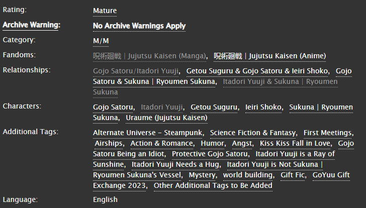 FlailOfSnails's tweet photo. Aaaa I'm so excited to be sharing this! 🤭💕

A gift for @KalloWrites as a part of the @goyuuexchange: 

"Clockwork Soul"

A Steampunk AU where the infamous Gojo Satoru steals an airship and finds a certain pink-haired stowaway who has quite a lot to hide. 
🔗⤵️ https://t.co/627EuyLHJR