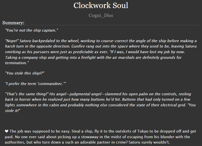 FlailOfSnails's tweet photo. Aaaa I'm so excited to be sharing this! 🤭💕

A gift for @KalloWrites as a part of the @goyuuexchange: 

"Clockwork Soul"

A Steampunk AU where the infamous Gojo Satoru steals an airship and finds a certain pink-haired stowaway who has quite a lot to hide. 
🔗⤵️ https://t.co/627EuyLHJR