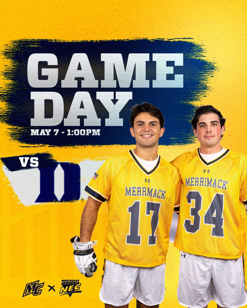 MerrimackMLAX's tweet photo. Last game of the year, against the best team in the country…. It’s GAMEDAY! 

📍Bethpage High School 
🆚 @DukeMLAX 
🕐 1:00 PM
📊 https://t.co/D1biuASWnE
📺 https://t.co/qfCIzgu9N3

#GoMack https://t.co/qb9ZpH7ylX