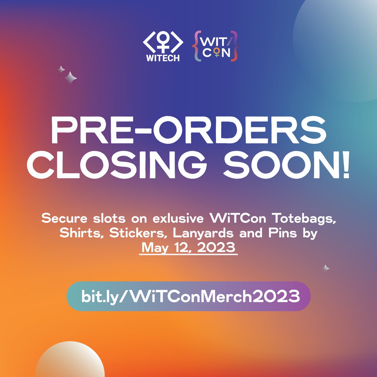 witechorg's tweet photo. Going, going, almost gone! 🚨
Have you pre-ordered your WiTCon 2023 merch yet? If not, what are you waiting for? 😮
Don’t miss out and order now at https://t.co/oDQuE1Cnsx 🤩💜
#TakingCTRL #WiTCon2023
#WiTech2023
Graphics by Fran Fabricante https://t.co/ME9S0TEPGb