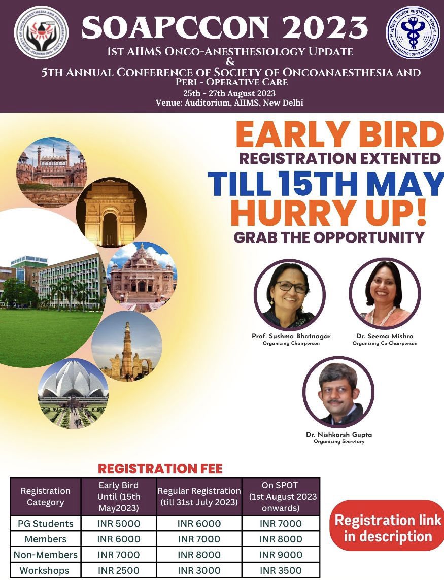Would request all the anaesthesiologists and  critical care physicians in my friend list to register for the academic extravaganza during SOAPCCON 2023. 
AVAIL THE OPPORTUNITY TO REGISTER THROUGH ERALY BIRD TILL 15TH MAY 2023
soapccon2023.com/registration 
soapccon2023.com/abstract