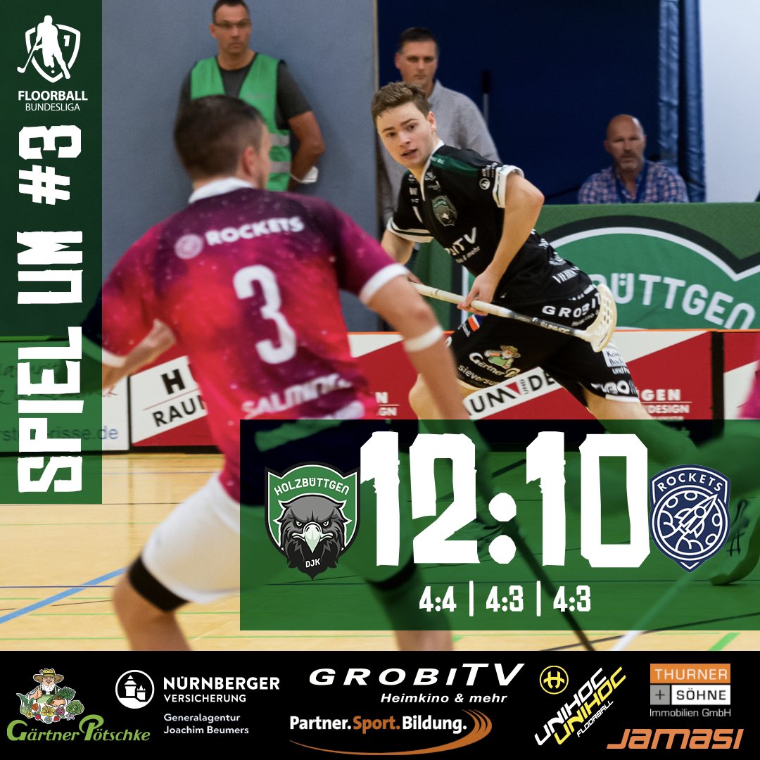 Die DJK sichert sich Bronze in der 1. Floorball-Bundesliga 2022/23. Über 400 Zuschauer in der Stadtparkhalle Kaarst verfolgten ein torreiches kleines Finale. Mit dem 12:10 über die Berlin Rockets gehen die Grün-Weißen in die Sommerpause.