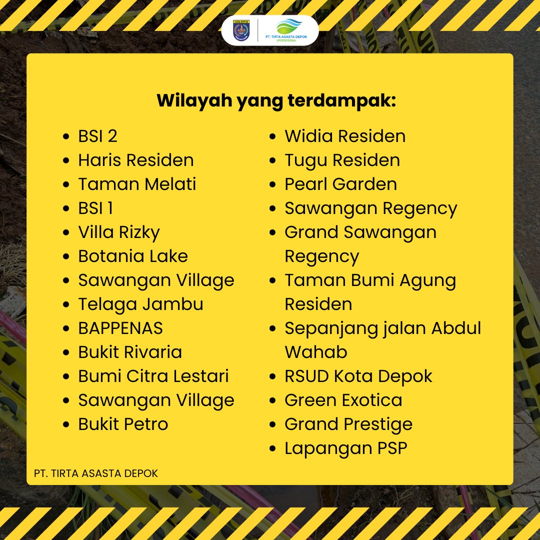 Untuk #KawanAsasta yang daerahnya terdampak, kami mohon maaf ya alirannya akan terganggu karena kita akan segera memperbaiki kebocoran pipa induk kita.

Jangan lupa tampung air dulu untuk besok ya.

#AsastaDepok
#TukangLedeng