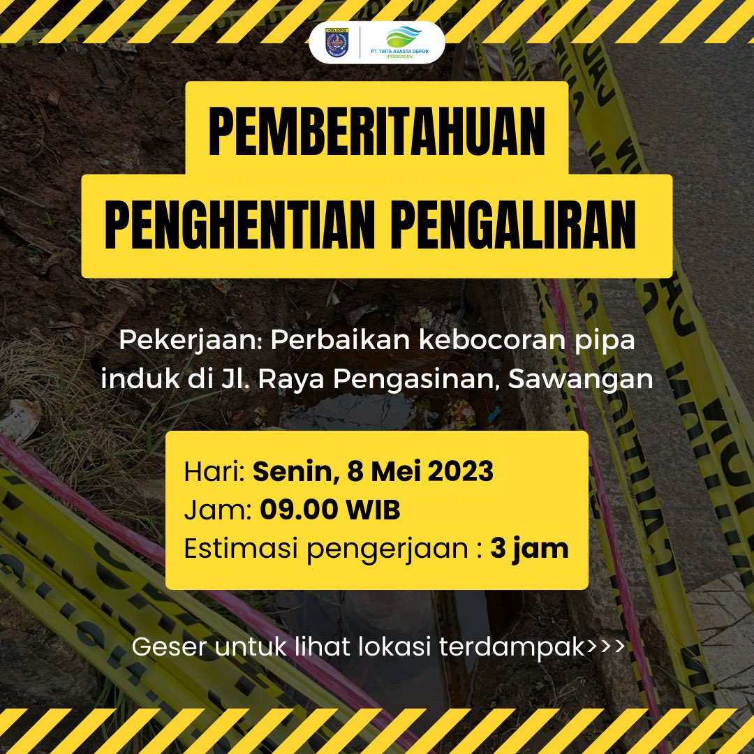 TirtaAsasta's tweet photo. Untuk #KawanAsasta yang daerahnya terdampak, kami mohon maaf ya alirannya akan terganggu karena kita akan segera memperbaiki kebocoran pipa induk kita.

Jangan lupa tampung air dulu untuk besok ya.

#AsastaDepok
#TukangLedeng https://t.co/fIopHIilYZ