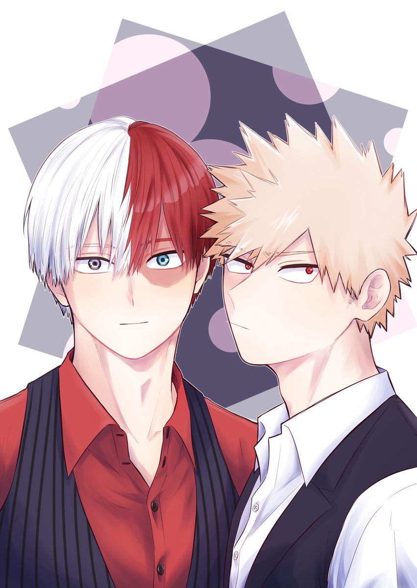 bakugou katsuki ,todoroki shouto multiple boys 2boys red hair male focus burn scar split-color hair red eyes  illustration images