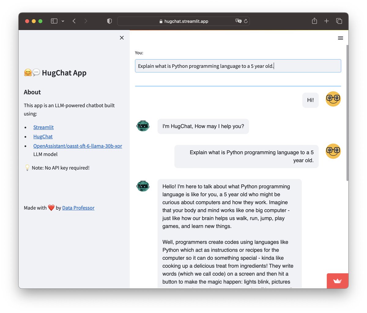 Building the HugChat app using <a href="/streamlit/">Streamlit</a> in ~60 lines of code

This app is using the hugchat Python library and the great thing is that no API is required! 

I'll be writing a tutorial blog and perhaps YouTube video soon

Check 🧵 for the full code 👇

1/3