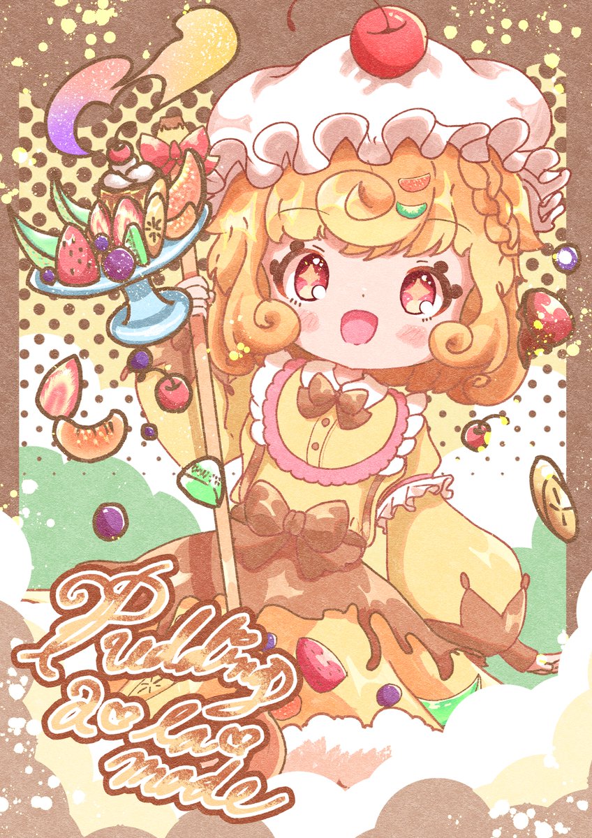 1girl solo blonde hair smile food open mouth fruit  illustration images