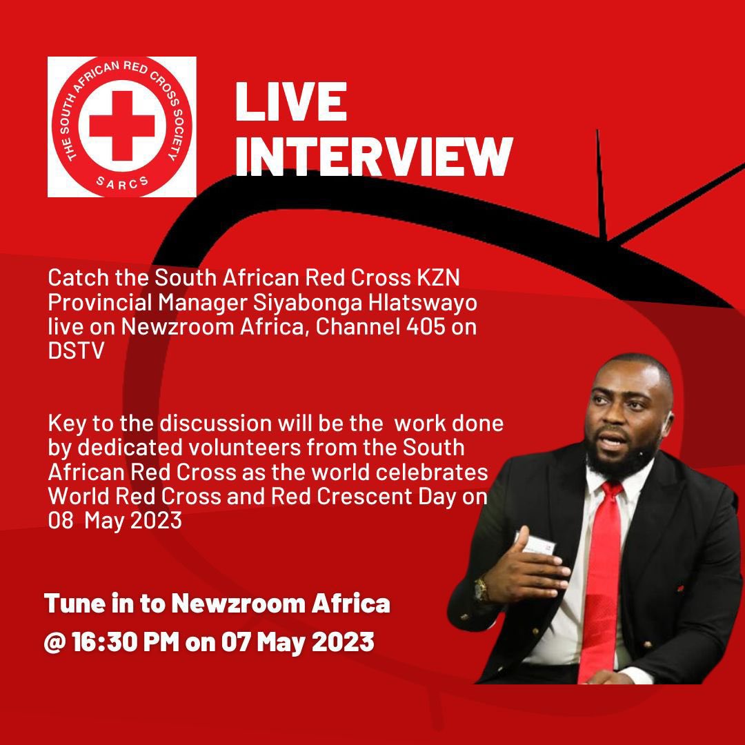 RedcrossSa's tweet image. The South African Red Cross KwaZulu-Natal Provincial Manager Siyabonga Hlatshwayo will this afternoon sit down with @Newzroom405 on the eve of the World Red Cross Day to discuss important word done by the Red Cross and furthermore outline planned commemorative events.