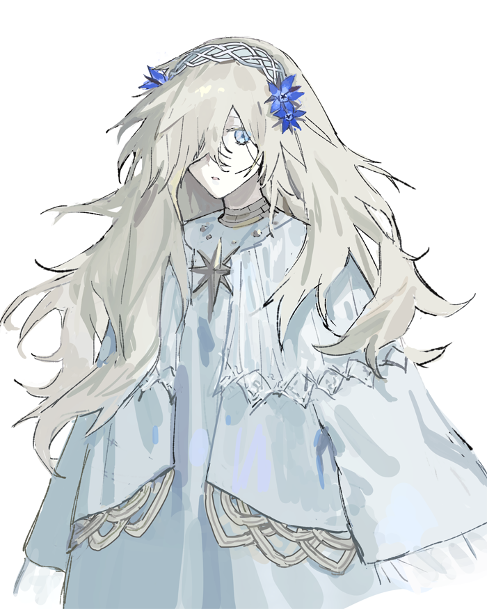 1girl solo long hair white background hair over one eye blue eyes dress  illustration images