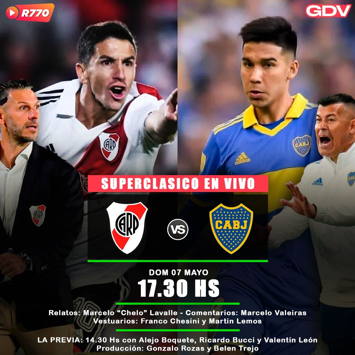 🚨 Desde las 14:00 en vivo por la R770
 y en sus repetidoras de todo el país los invitamos a escuchar el #RiverPlate 🆚 #BocaJuniors con la súper transmisión el equipo de <a href="/Goldevestuario/">Gol De Vestuario</a>, donde "RELATAMOS TU PASIÓN "