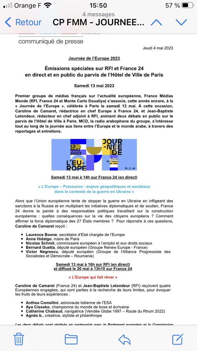 Rejoignez-nous à la "Journée de l'Europe" le 13 Mai sur le Parvis de l'hôtel de ville, pour des débats publics avec des Européens et concerts en partenariat avec ⁦<a href="/MairiedeParis1/">Mairie de Paris</a>⁩ ⁦⁦⁦⁦<a href="/Europarl_FR/">Parlement européen en France</a>⁩ ⁦<a href="/UEFrance/">Commission européenne 🇪🇺</a>⁩ ⁦<a href="/MdEuropeParis/">Maison de l'Europe de Paris</a>⁩ #F24 ⁦<a href="/RFI/">RFI</a>⁩