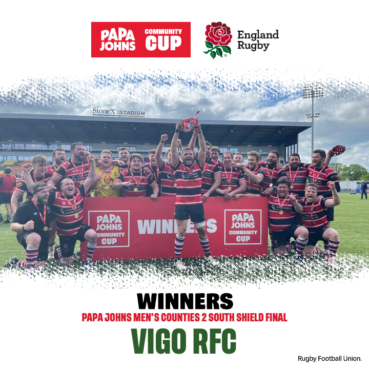 RFU's tweet photo. 🏆🍕The 2023 @PapaJohnsUK Men's Counties 2 South Shield Champions - @VigoRFC!

👏Congratulations to everyone at Vigo RFC! 

#PapaJohnsCommunityCup https://t.co/UG5tSYVg8O