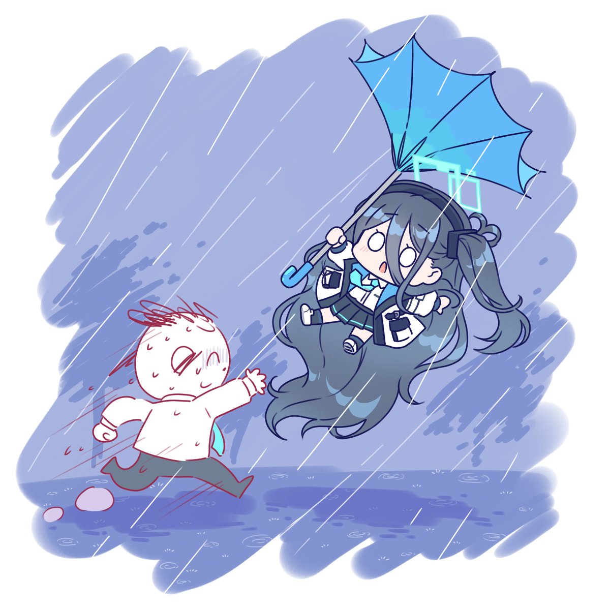 aris (blue archive) ,sensei (blue archive) 1girl umbrella 1boy rain long hair chibi very long hair  illustration images