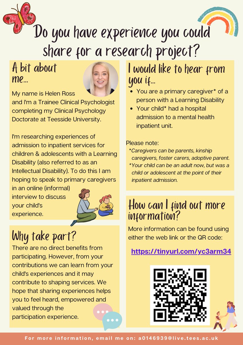 I'm recruiting for my #DClinPsy thesis & recruiting caregivers of children with a #LearningDisability (who has had #inpatient admission). See attached for more information or click the following link tinyurl.com/yc3arm34 Please RT #transformingcare #intellectualdisability
