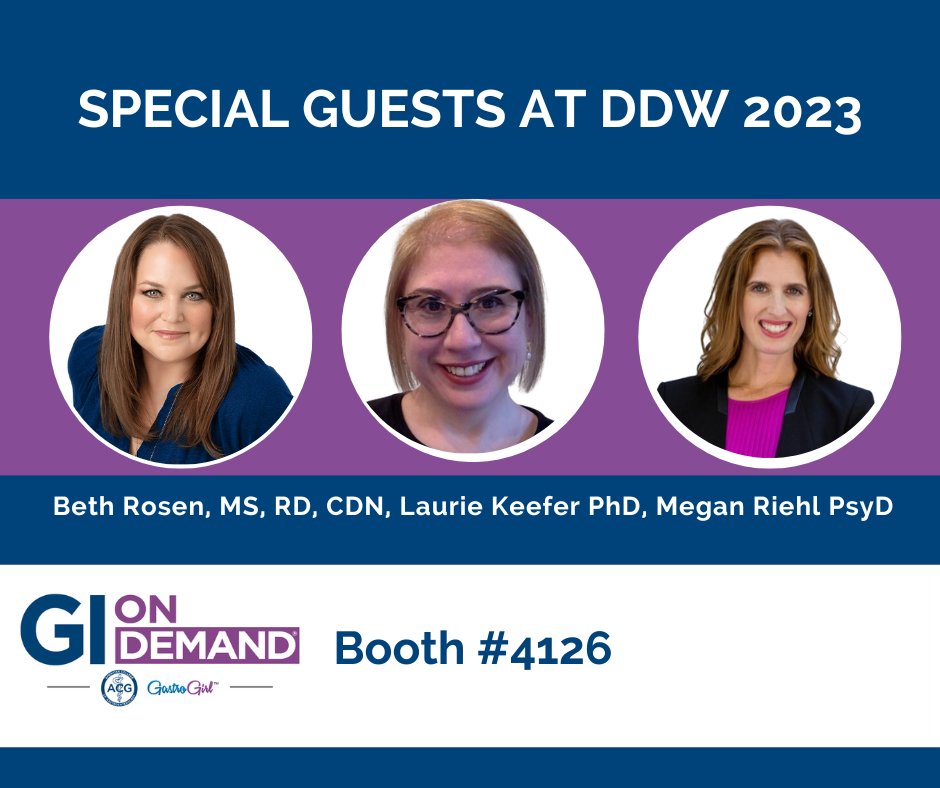 TODAY AT #DDW2023 - visit @AmCollegeGastro booth 4126 and chat with these superstars: 
@drlauriekeefer 1:30-2:30pm 
@BethRosenRD 2-4pm
@DrRiehl 2-4pm
@TrellusHealth @mindsethealth 
#GIpsych #GInutrition #genetics #DigitalTherapeutics