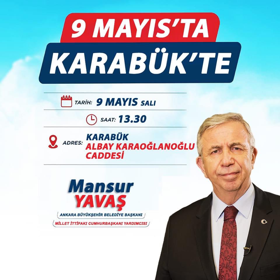 Ankara Büyükşehir Belediye Başkanımız, Millet ittifakının Cumhurbaşkanı Yardımcısı Mansur YAVAŞ Karabük’e geliyor!

📅 9 Mayıs Salı
⏰ Saat 13.30
📍 Karabük Albay Karaoğlanoğlu Cad. halkımıza hitap edecektir. (Kent Meydanı yanı)

Tüm halkımız davetlidir.

#Karabük #MansurYavaş