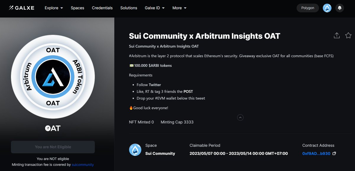 Sui Community💧 (@community_sui) on Twitter photo Sui Community x <a href="/ARBinsights/">Arbitrum Insights (💙,🤍)</a> OAT🪂
#Arbitrum is the decentralization, security & growth of Arbitrum technologies. Giveaway exclusive OAT for all communities (base FCFS)
Mint OAT
galxe.com/suicommunity/c…
💵100.000 $ARBI tokens
Don't miss this opportunity⚡️
#Sui #Arbitrum #OAT Sui Community x <a href="/ARBinsights/">Arbitrum Insights (💙,🤍)</a> OAT🪂
#Arbitrum is the decentralization, security & growth of Arbitrum technologies. Giveaway exclusive OAT for all communities (base FCFS)
Mint OAT
galxe.com/suicommunity/c…
💵100.000 $ARBI tokens
Don't miss this opportunity⚡️
#Sui #Arbitrum #OAT