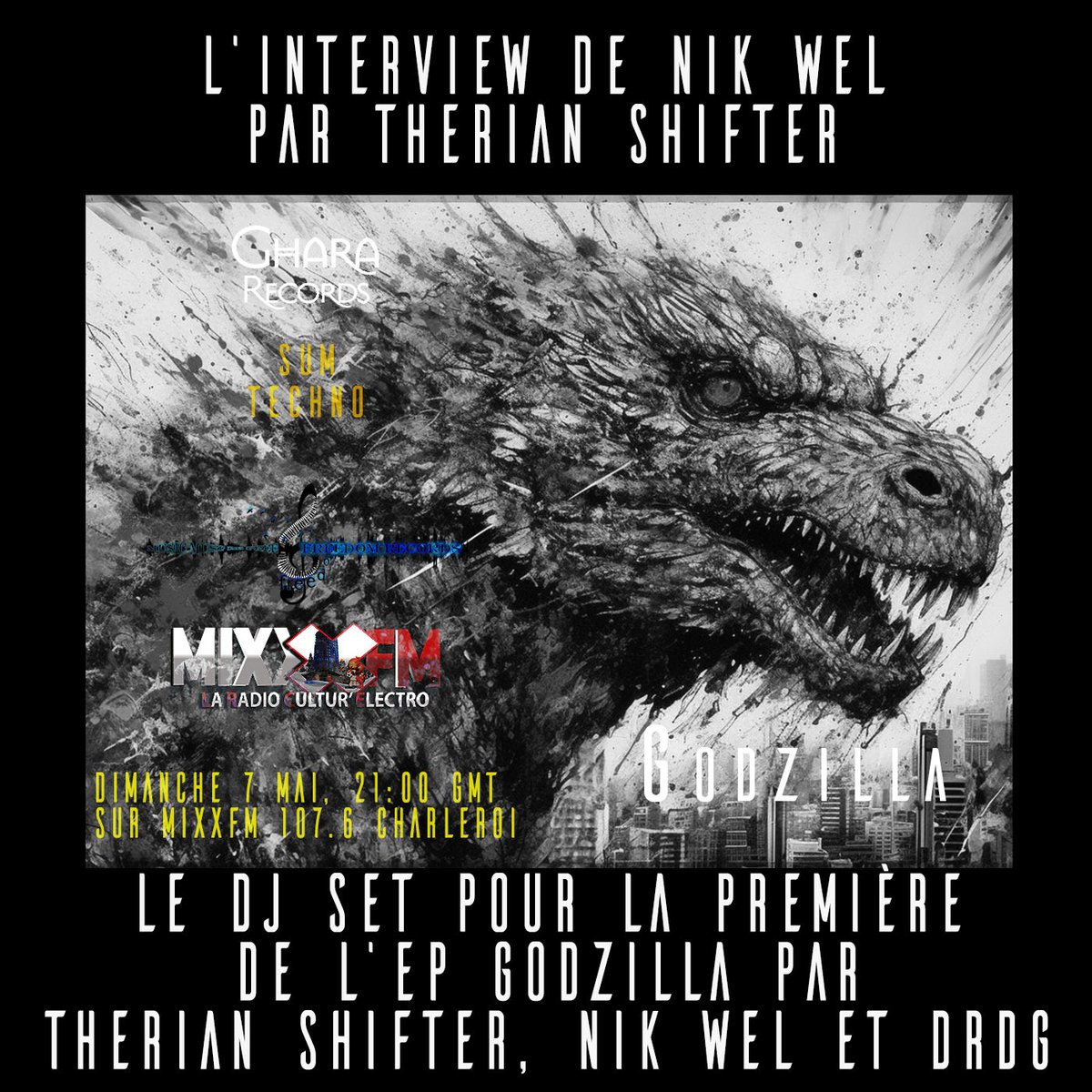 Therian_Shifter's tweet photo. Hey,
Tonight on @mixxfmbe , 21.00 (UTC/GMT + 2)
I interview Nik Wel before a DJ set to present my New EP 'Godzilla' (with remixes by Nik Wel and DéRidge [@GharaRecords].
See ya.

#techno #GharaRecords #Godzilla https://t.co/8I7kuFuV2X