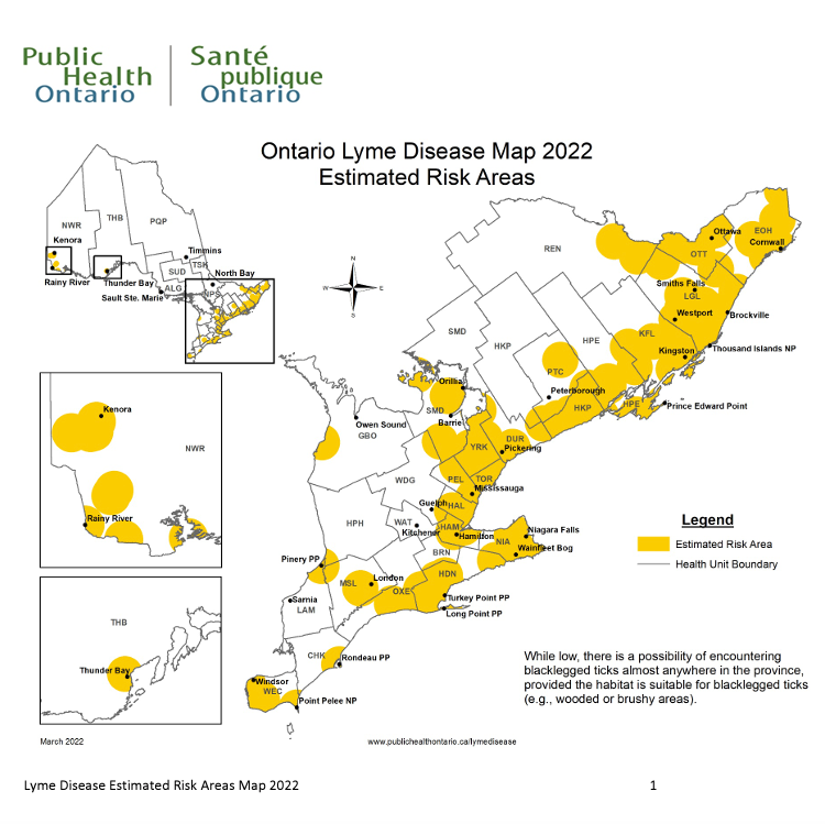 ofah's tweet photo. The spread of Lyme Disease is a growing concern for all outdoor enthusiasts in Ontario. See below for a copy of the Ontario Lyme Disease Estimated Risk Area Map from 2022. https://t.co/DBoUjR75sY
