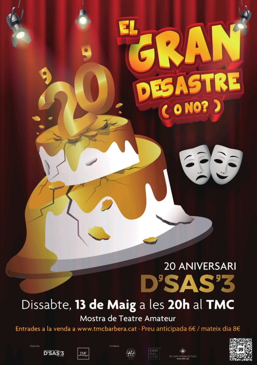Queda ben poc per la primera de les celebracions del nostre aniversari! 🎉 "El gran desastre (o no?)".

Una obra esbojarrada on no podràs parar de riure (o sí?) 😜

🗓️ Dissabte 13 de Maig
🕗 20h
📌 @tmcbarbera 
🎟️ 6€ (tinyurl.com/yhkrappu)

Us esperem!! 2️⃣0️⃣🎂

#20aniversari
