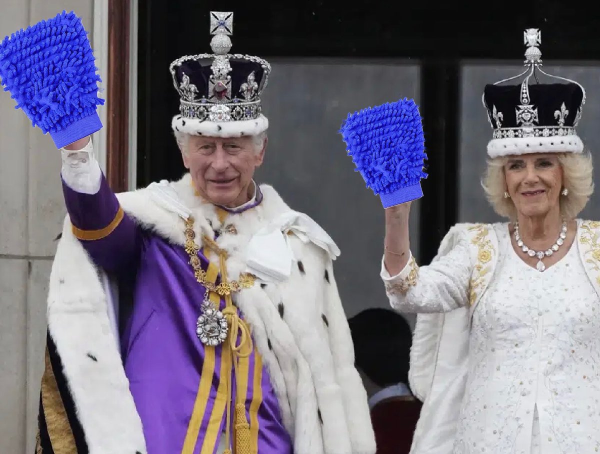 Say what you will about the monarchy, but you gotta give Chaz &amp; Cammy some cred for washing their own coronation wagon with the royal Shamwows. 🧼 🧽 

(The fact they’re doing it in royal regalia which will cost the taxpayer countless millions to clean should infuriate you)