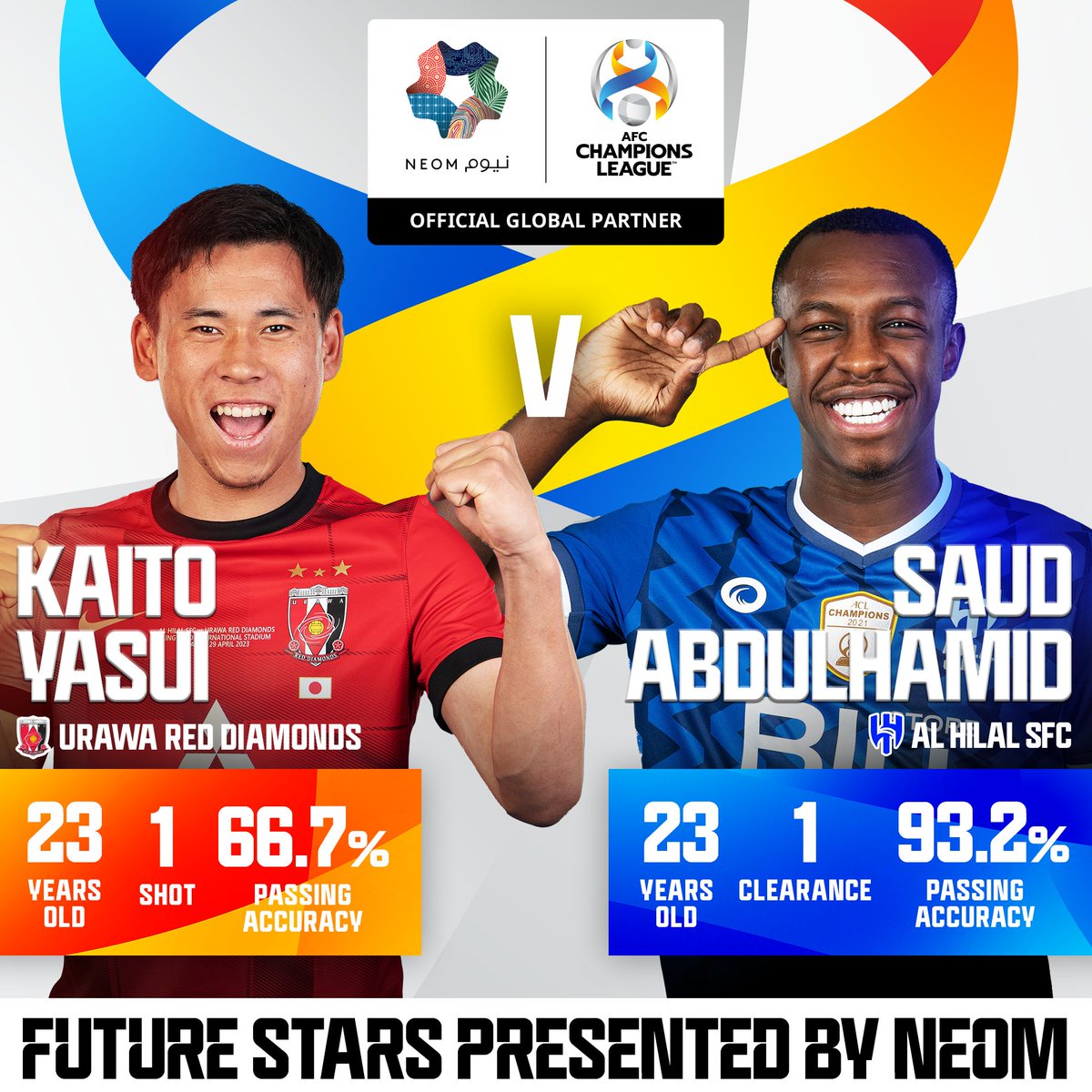 Time to vote for your #NEOMFutureStars of #ACLFinal 🌟

♦️ <a href="/REDSOFFICIAL/">浦和レッズオフィシャル</a>: Kaito Yasui
🔵 <a href="/Alhilal_FC/">نادي الهلال السعودي</a>: Saud Abdulhamid

Make your choice below ⬇️ 
<a href="/NEOM/">NEOM</a>
