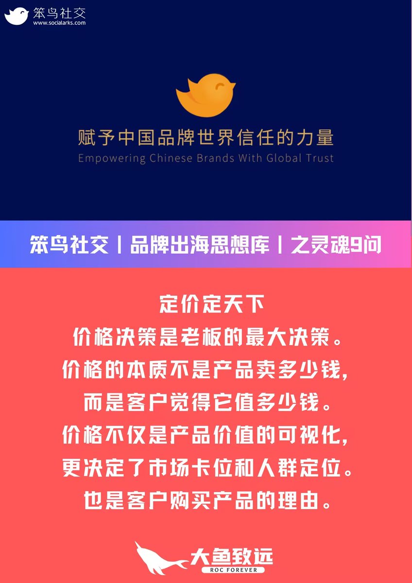 Socialarks_com's tweet photo. 定价定天下
价格决策是老板的最大决策。
价格的本质不是产品卖多少钱，
而是客户觉得它值多少钱。
价格不仅是产品价值的可视化，
更决定了市场卡位和人群定位。
也是客户购买产品的理由。

笨鸟社交，赋予中国品牌世界信任的力量 https://t.co/nnJ00e4bgp