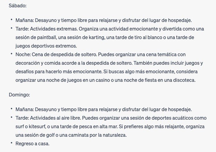 Quién nos iba a decir que lo que le sobraba a las IAs iba a ser caspa…
Estos son los diferentes planes que propone #ChatGPT si le preguntas por un finde de despedida de soltera 👰‍♀️ y de soltero 🤵‍♂️