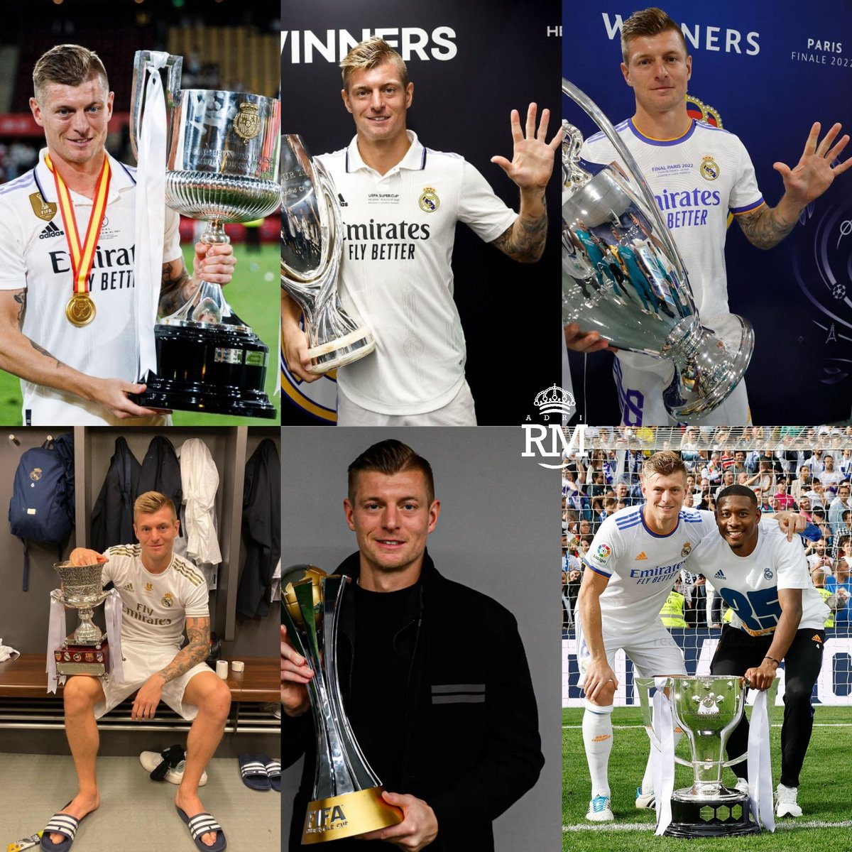 • 6️⃣ Mundiales de Clubes
• 5️⃣ Champions
• 5️⃣ Supercopas de Europa 
• 3️⃣ Ligas 
• 3️⃣ Supercopas de España
• 1️⃣ Copa del Rey 
• 1️⃣ Copa del Mundo 

Yo vi jugar a Toni Kroos. 🤍