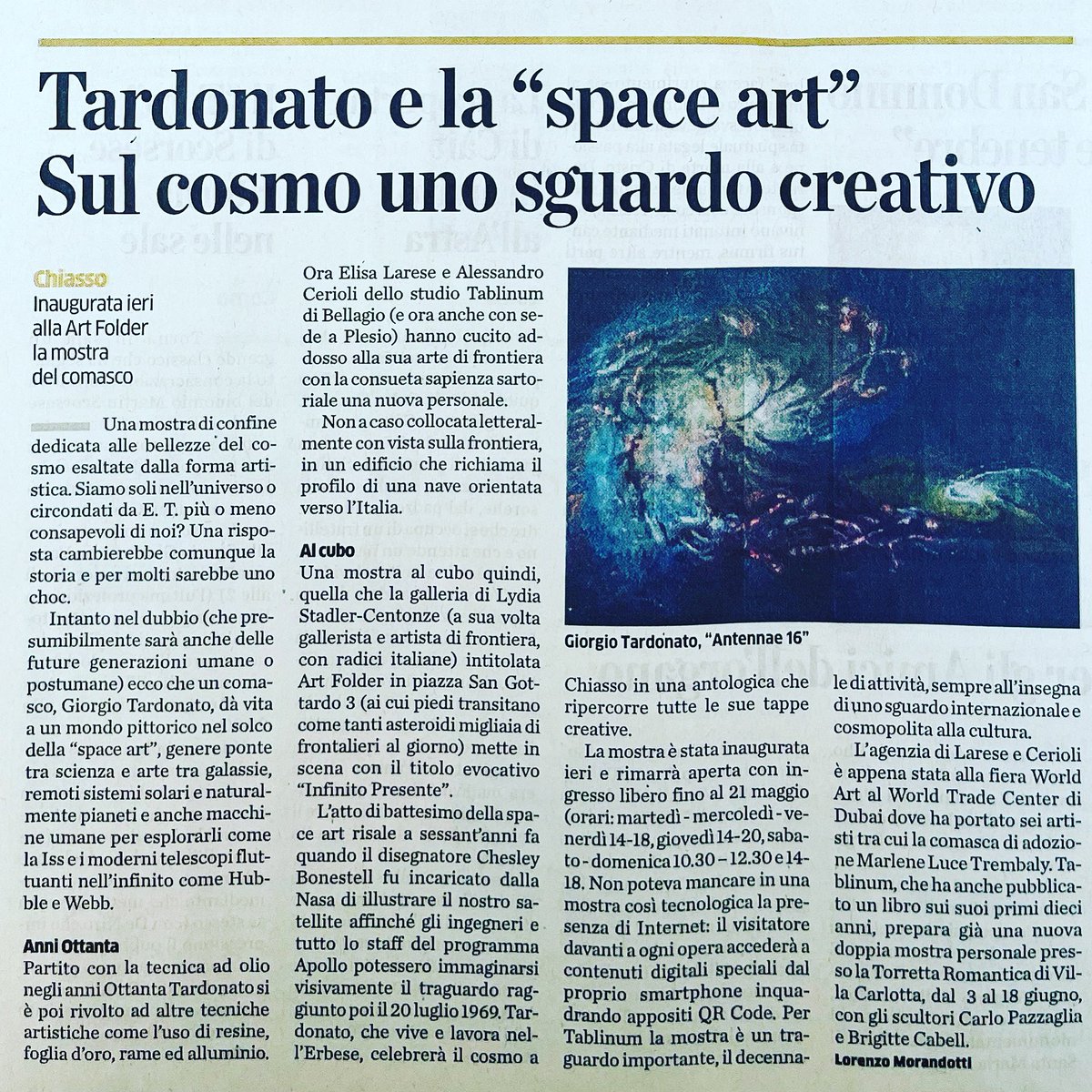 StudioTablinum's tweet photo. 👉🏻Un sentito ringraziamento a @laprovinciadico e a @lorenzomorandotti3 per questo articolo uscito oggi sulle pagine culturali di Stendhal👈🏻📰
Buona lettura…👀
#tablinumculturalmanagement
#artfolder
#inifinitopresente
#giorgiotardonato
#astronomicalart
#artcollector https://t.co/0lVByhIbvM